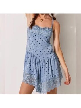 Free People Medium Dress City Wanders Trapeze Slip blue black polka dots